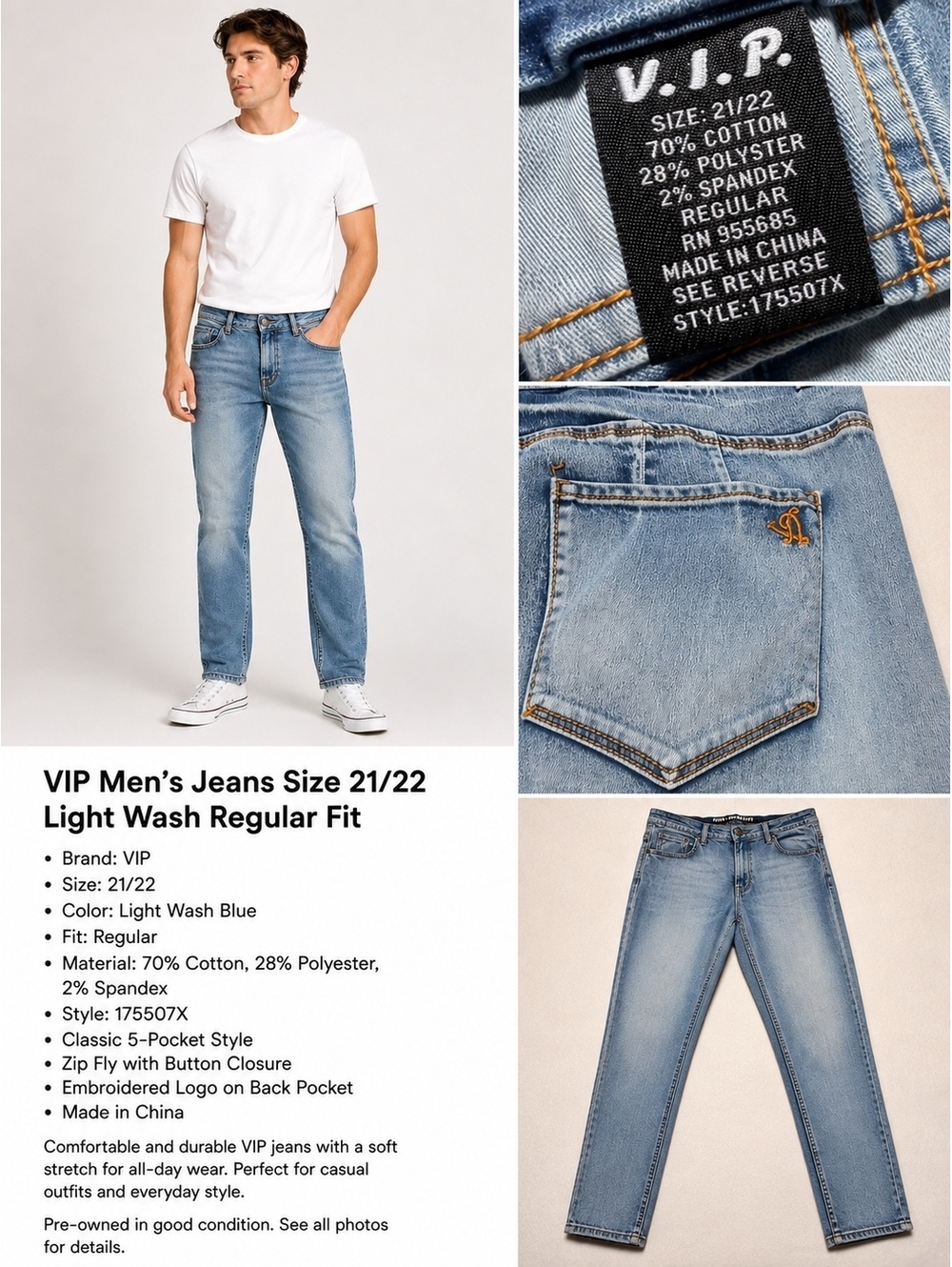 VIP Men’s Jeans Size 21/22 Light Wash Stretch Denim Straight Leg